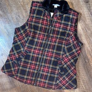 Coldwater Creek Quilted Red Plaid Vest Faux Fur